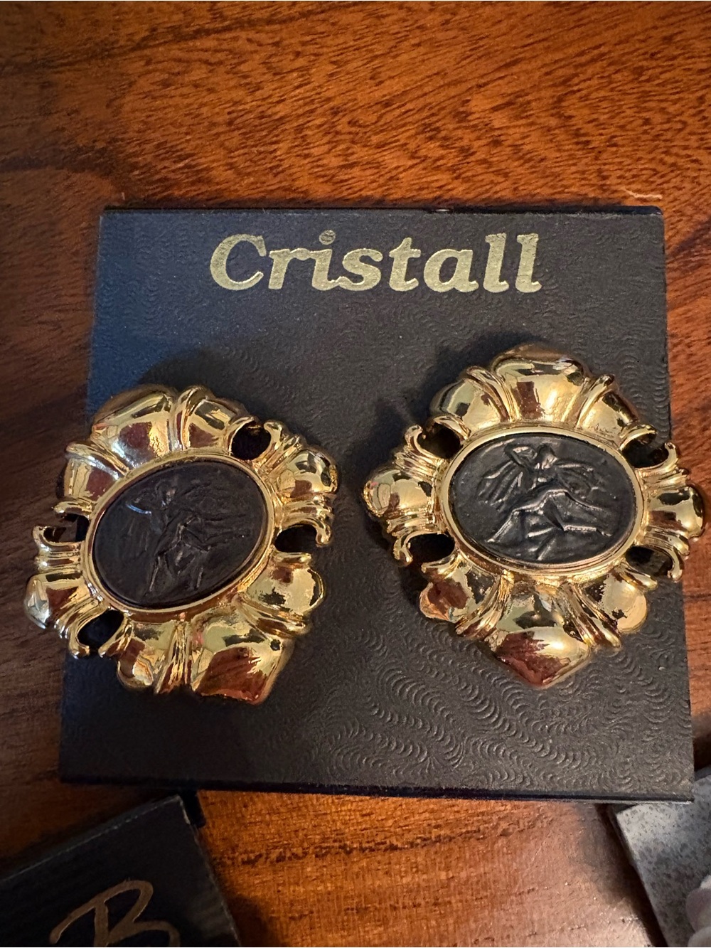 Vintage Gold and Black Medallion Clip-On Earrings - Vintage